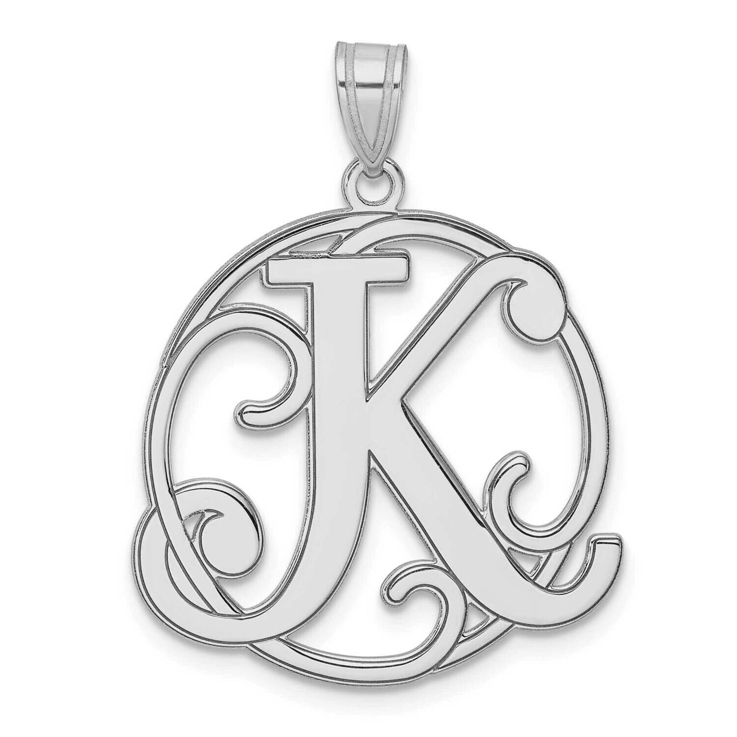 Large Fancy Script Letter K Initial Pendant Sterling Silver Rhodium-Plated QC11258K
