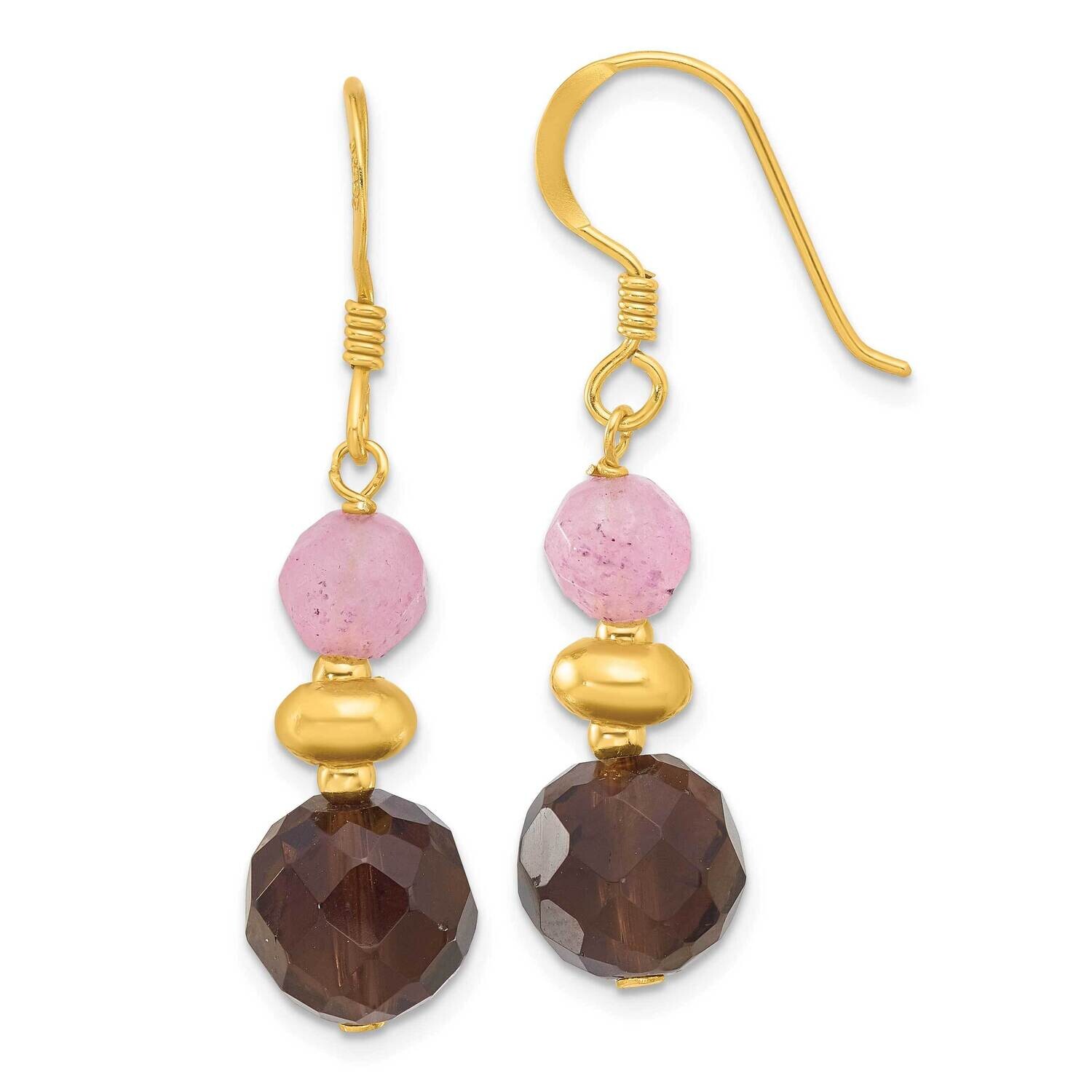Gold-Plated Pink Jade Smoky Quartz Dangle Earrings Sterling Silver QE17307, MPN: QE17307,