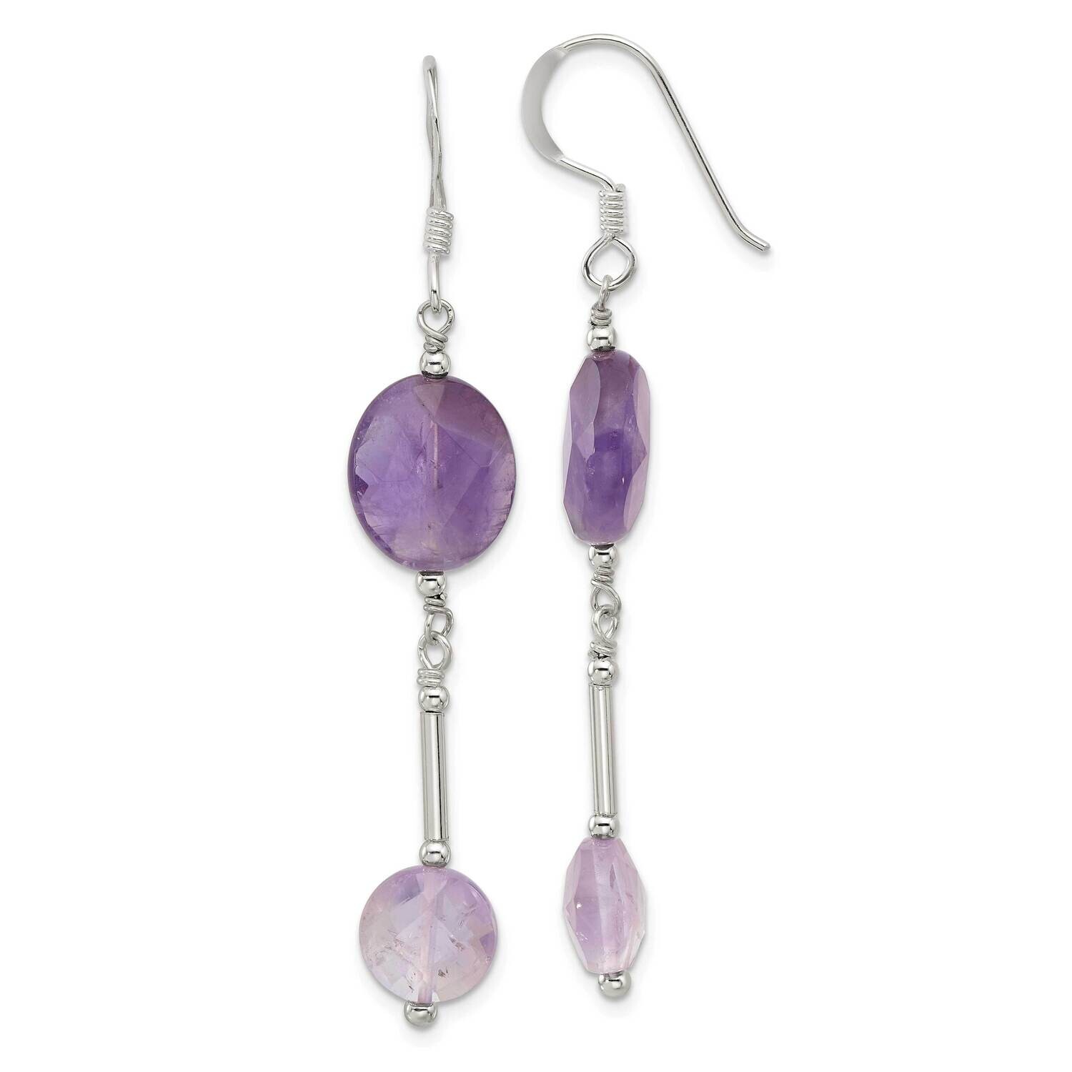 Beaded Bar Amethyst Dangle Earrings Sterling Silver Polished QE17292, MPN: QE17292,
