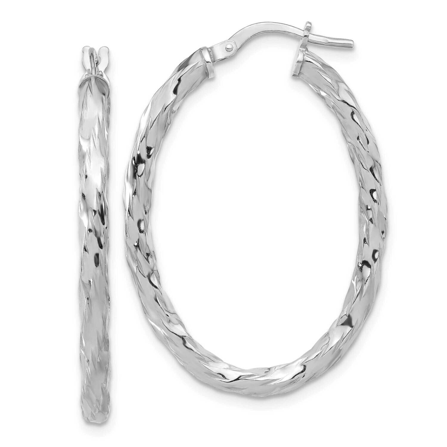 Rh-Plated Polished Textured Twisted Oval Hoop Earrings Sterling Silver QE16833, MPN: QE16833,