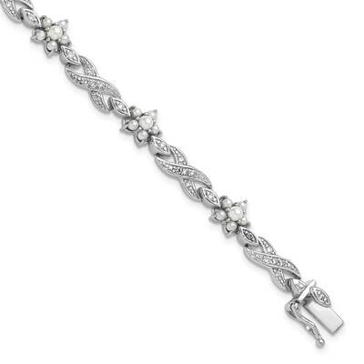 Cheryl M Brilliant-Cut CZ &amp; Glass Pearl Floral Infinity 7.25 Inch Bracelet Sterling Silver Rhodium-…