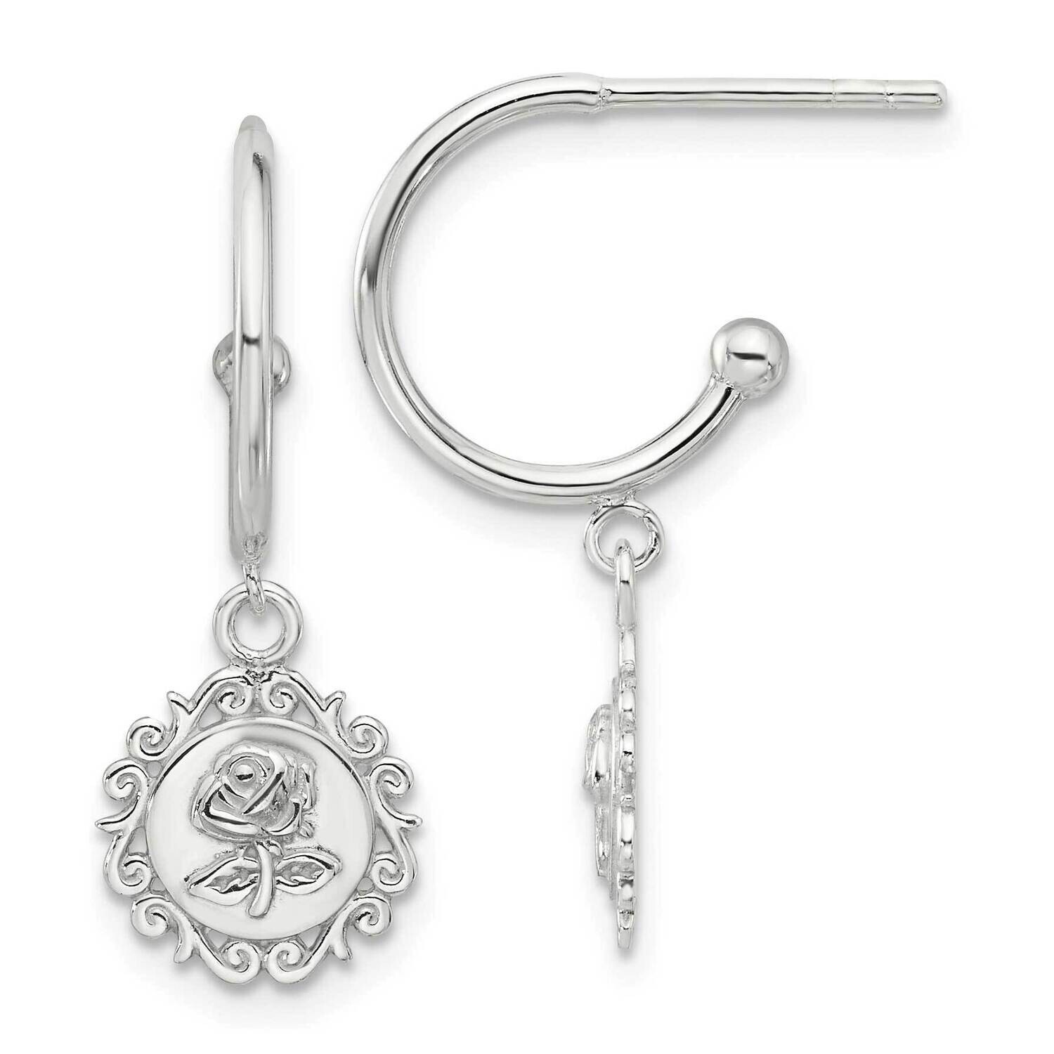 E-Coated Rose Dangle Post Hoop Earrings Sterling Silver QE17626
