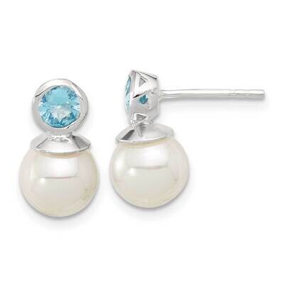 Blue CZ 8-8.5mm Glass Pearl Post Earrings Sterling Silver Polished QE17264, MPN: QE17264,