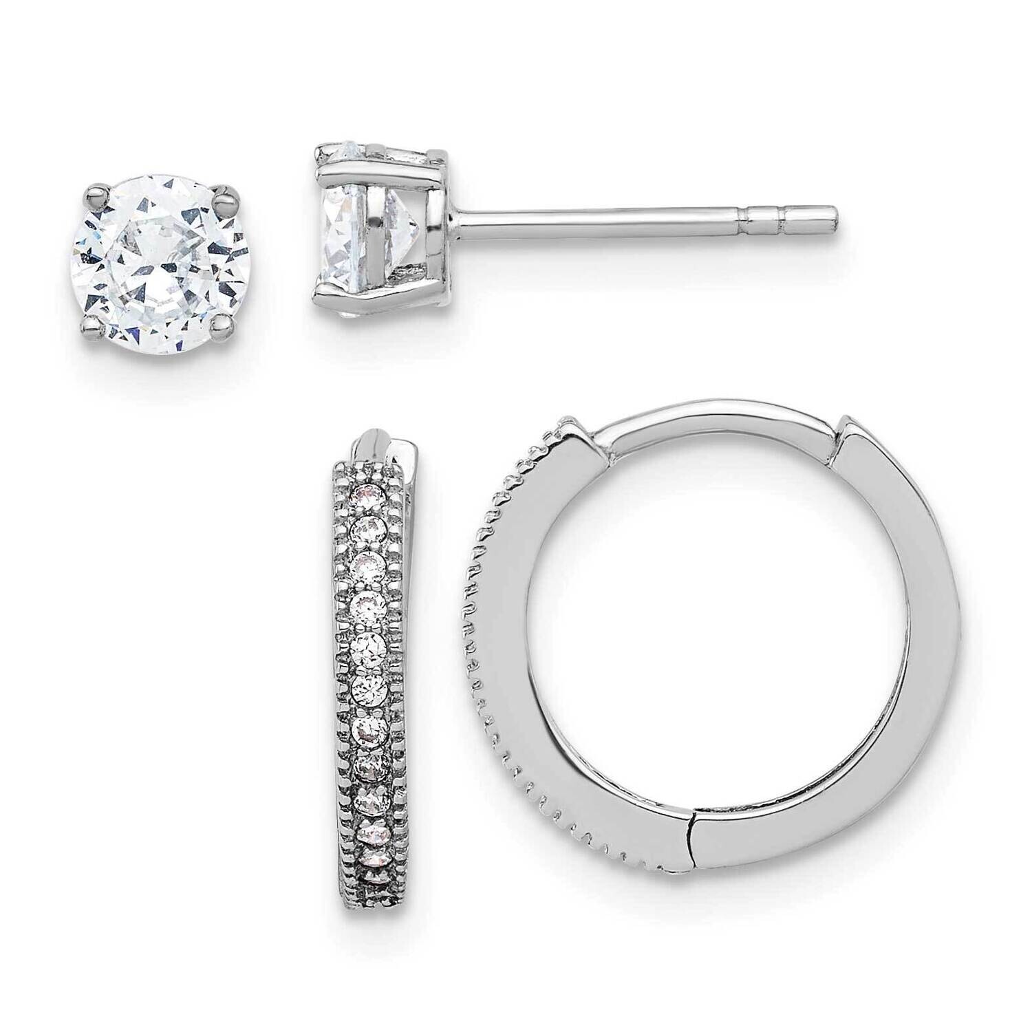Rh-Plated CZ 2mm Hoop 5mm Stud Post Earring Set Sterling Silver QE16722SET, MPN: QE16722SET,