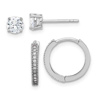Rh-Plated CZ 2mm Hoop 5mm Stud Post Earring Set Sterling Silver QE16722SET, MPN: QE16722SET,
