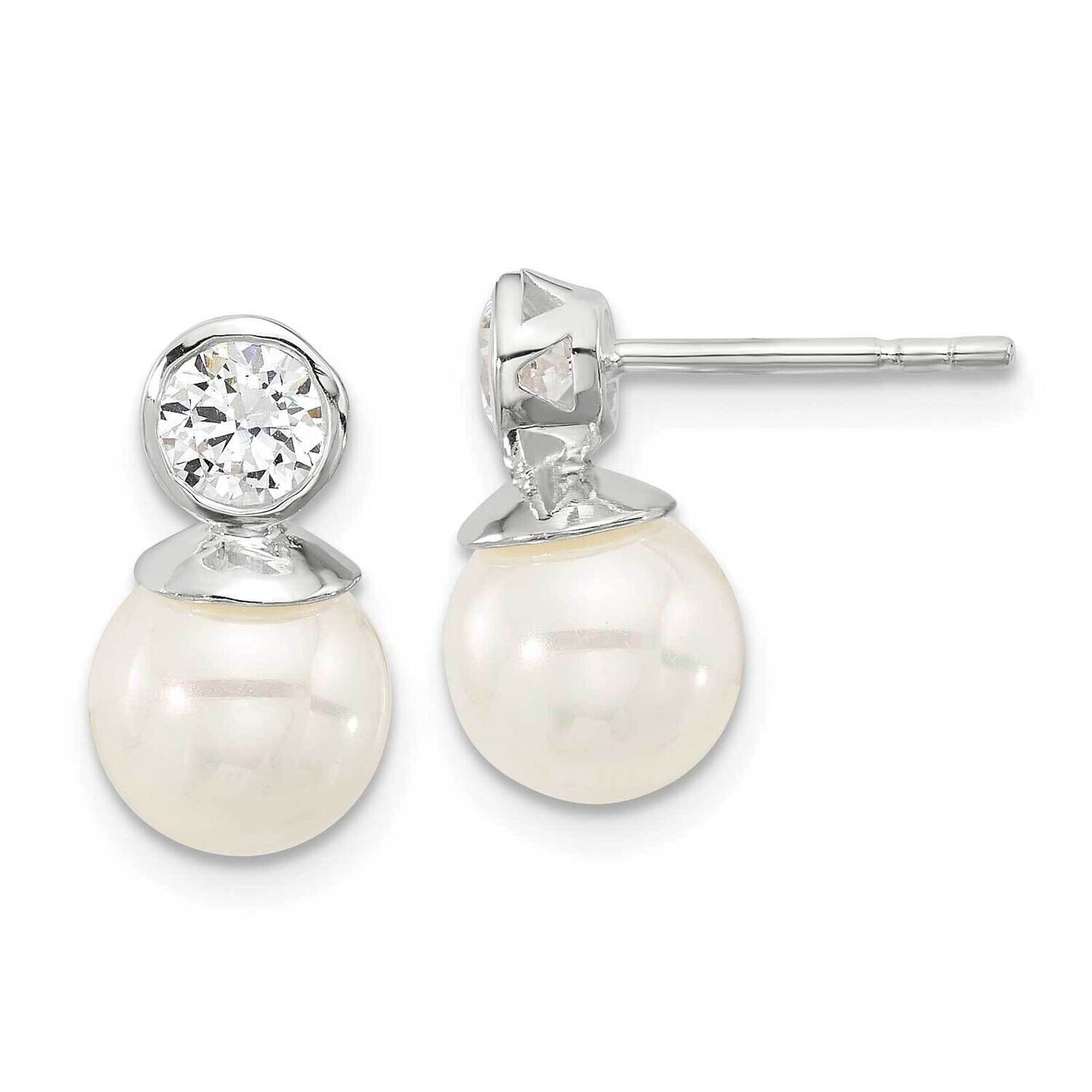 CZ 8-8.5mm Glass Pearl Post Earrings Sterling Silver Polished QE17268, MPN: QE17268,