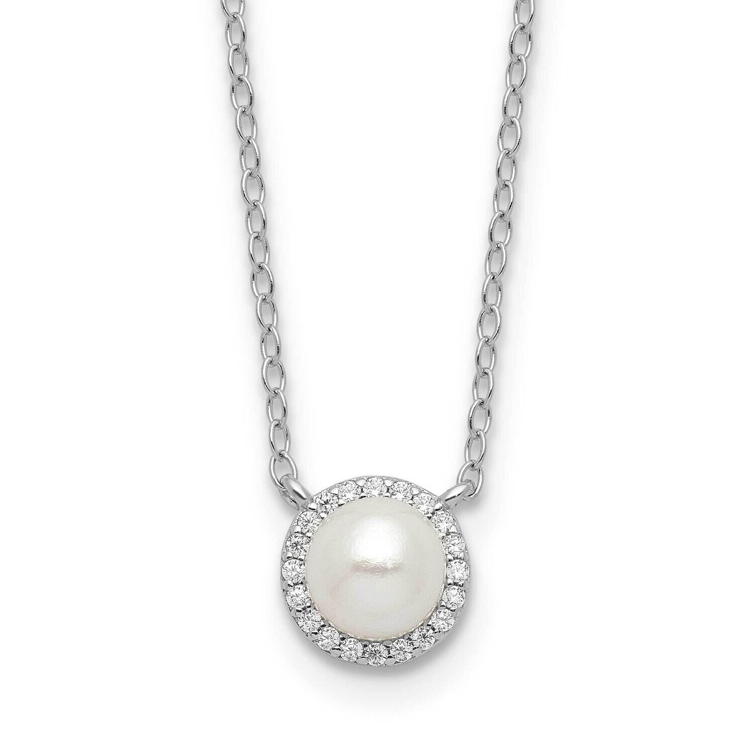 Cheryl M Button Freshwater Cultured Pearl Brilliant-Cut CZ Halo 18 Inch Necklace Sterling Silver Rh…