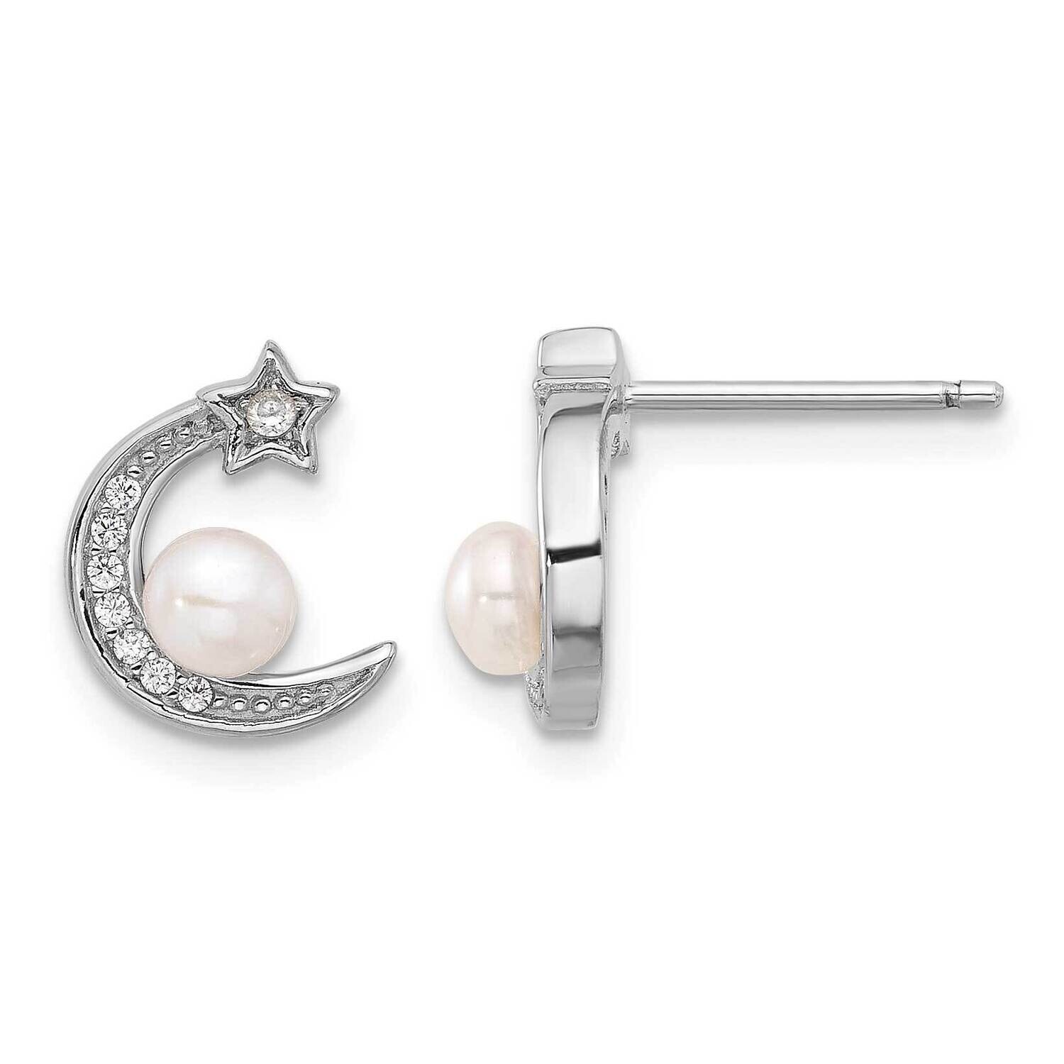 Rhod-Plated CZ Fwc Pearl Moon Star Post Earrings Sterling Silver QE16718, MPN: QE16718,