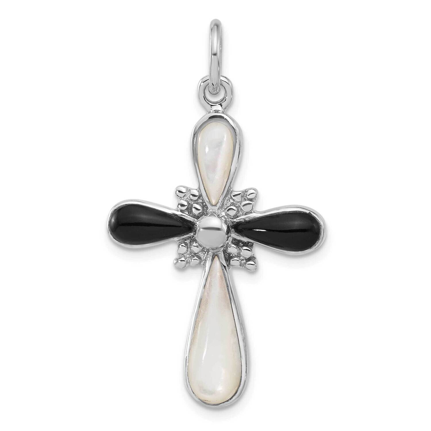 Rhod-Plated Black White Mother Of Pearl Cross Pendant Sterling Silver QC11409, MPN: QC11409,