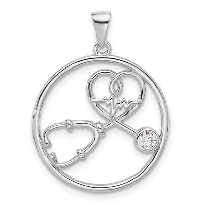 Rhod-Plated CZ Stethoscope Heartbeat Pendant Sterling Silver QC11377, MPN: QC11377,