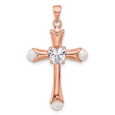 Rose-Tone Heart CZ Synthetic Pearl Cross Pendant Sterling Silver QC11437, MPN: QC11437,