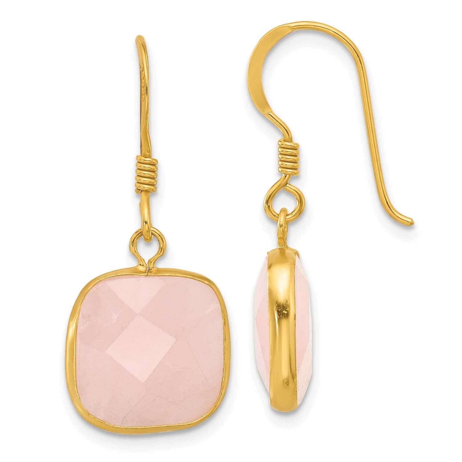 Gold-Plated Polished Square Rose Quartz Dangle Earrings Sterling Silver QE17308