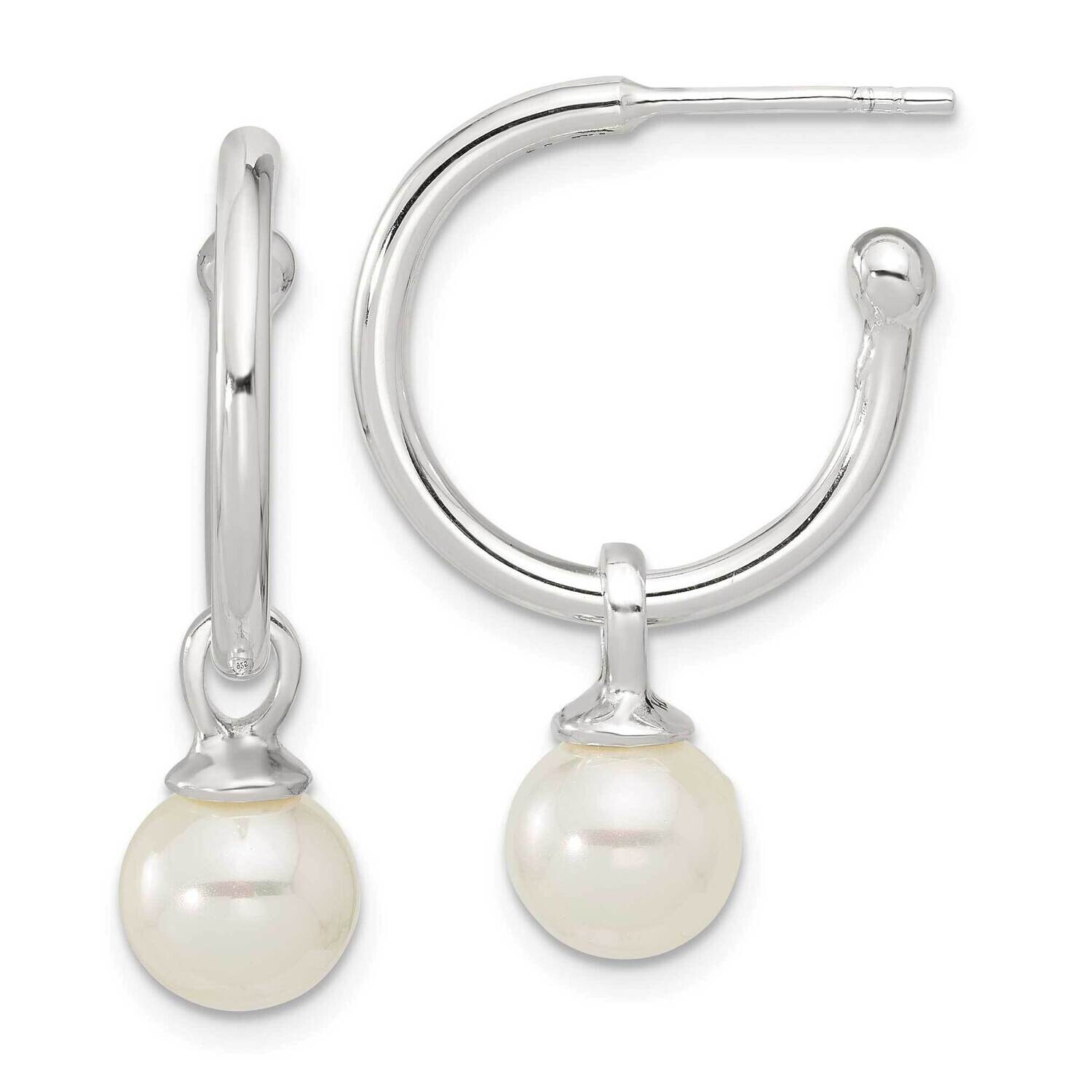 Dangling 8mm Glass Pearl Post C-Hoop Earrings Sterling Silver Polished QE17277, MPN: QE17277,