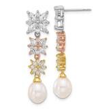 Rh Rose &amp; Gold-Plated Fwc Pearl CZ Post Dangle Earrings Sterling Silver QE17228, MPN: QE17228,