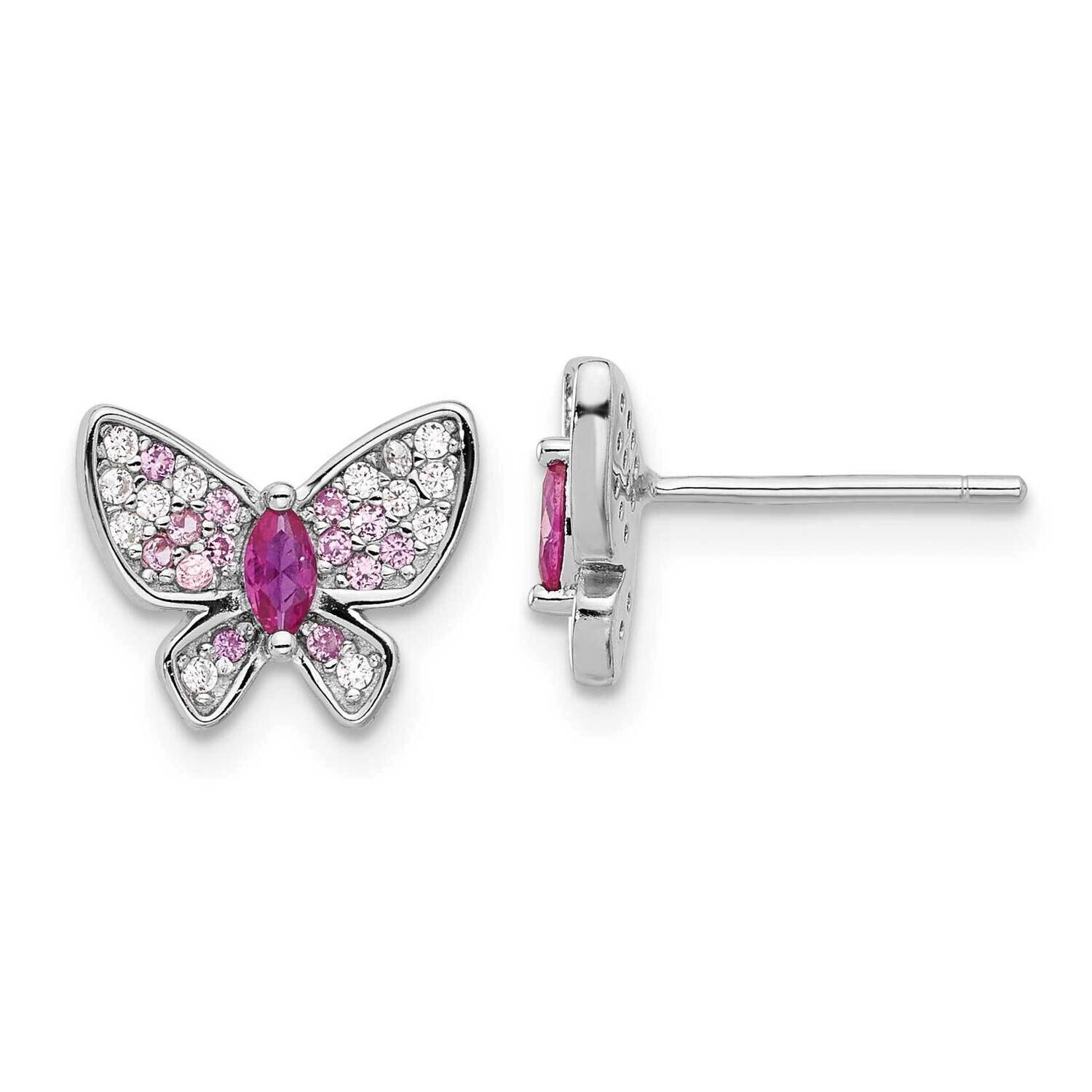 Pink White CZ Butterfly Post Earrings Sterling Silver Rhodium-Plated QE17660