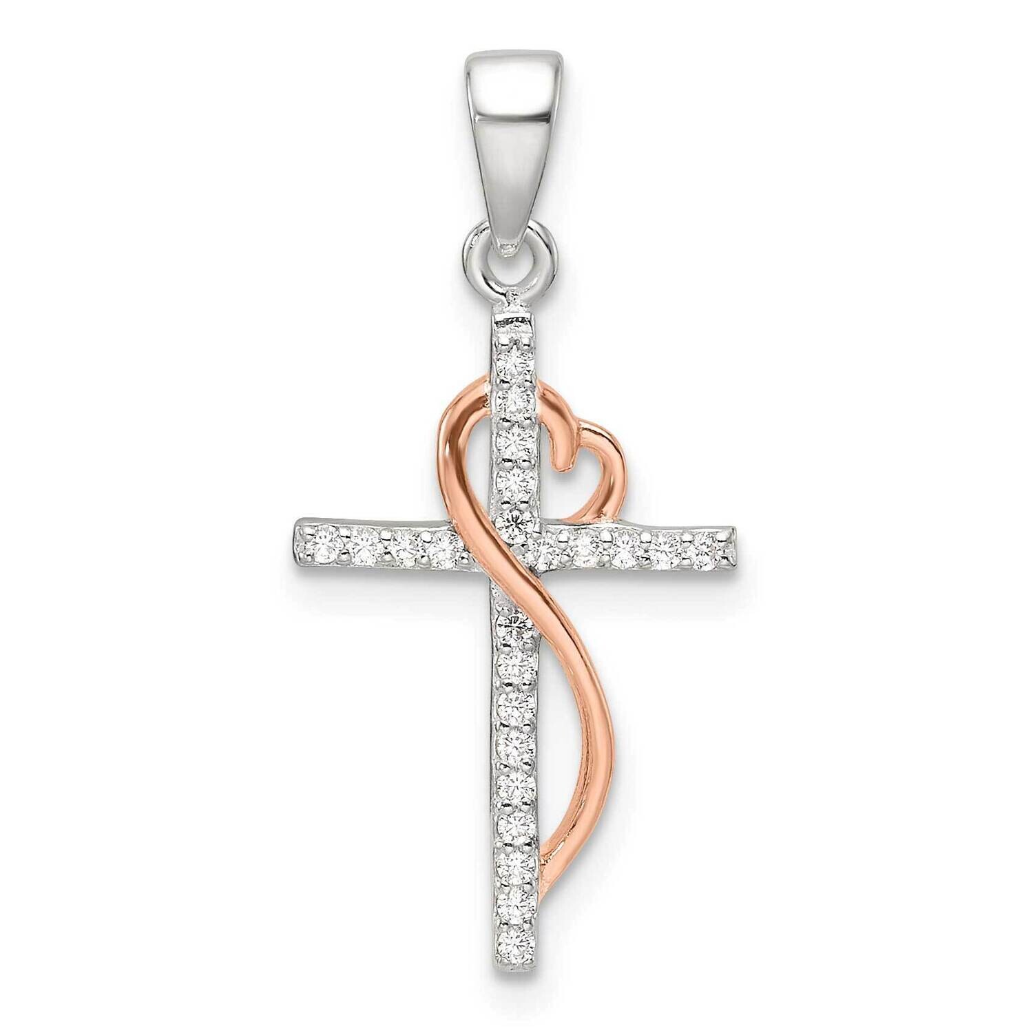 Rose-Tone Polished CZ Heart Cross Pendant Sterling Silver QC11433, MPN: QC11433,