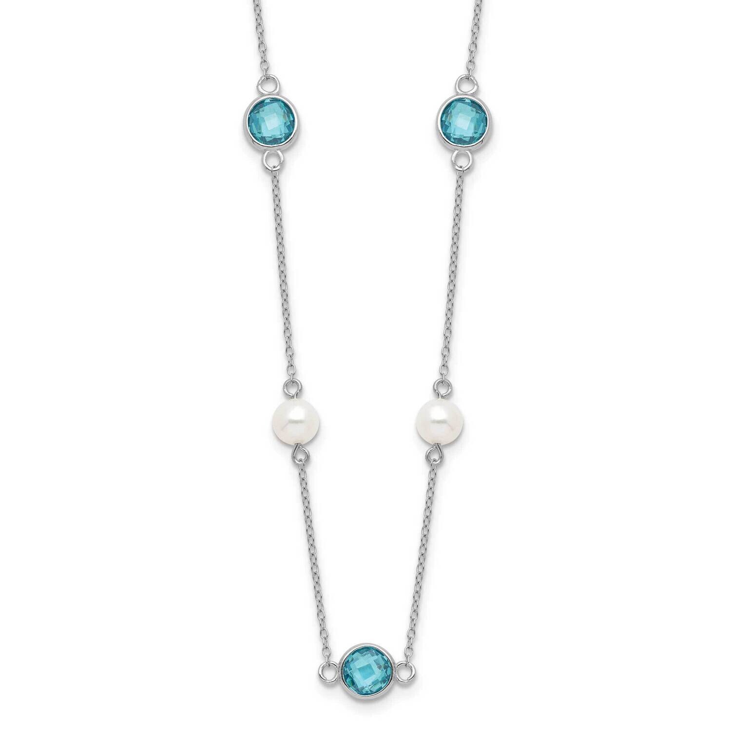 Cheryl M Blue Double Pineapple-Cut CZ &amp; White Freshwater Cultured Pearl 9 Station 18 Inch Necklace 2 Inch Extender Sterling Silver Rhodium-Plated QCM1652-18