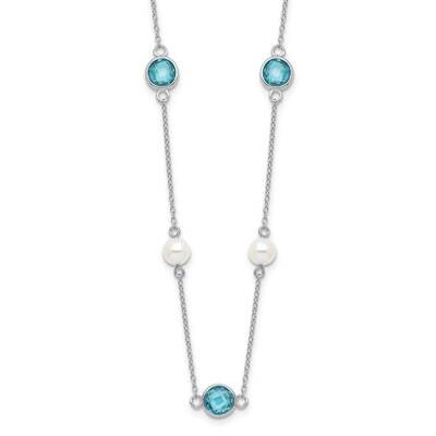 Cheryl M Blue Double Pineapple-Cut CZ &amp; White Freshwater Cultured Pearl 9 Station 18 Inch Necklace …