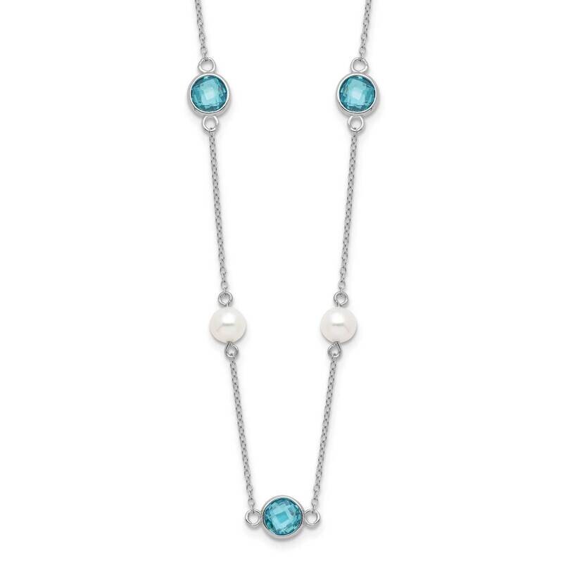 Cheryl M Blue Double Pineapple-Cut CZ & White Freshwater Cultured Pearl 9 Station 18 Inch Necklace 2 Inch Extender Sterling Silver Rhodium-Plated QCM1652-18