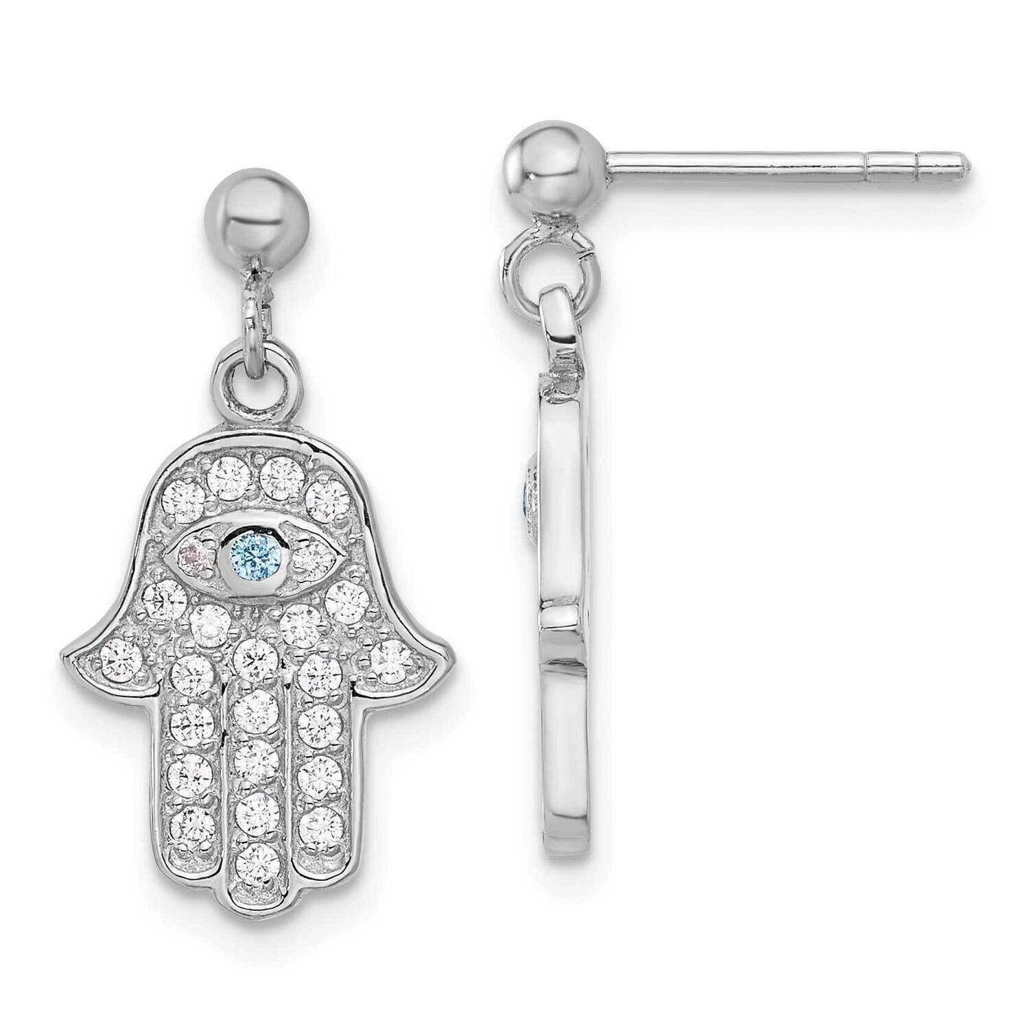 Rh-Pltd Blue White CZ Evil Eye Hamsa Post Dangle Earrings Sterling Silver QE17705, MPN: QE17705,