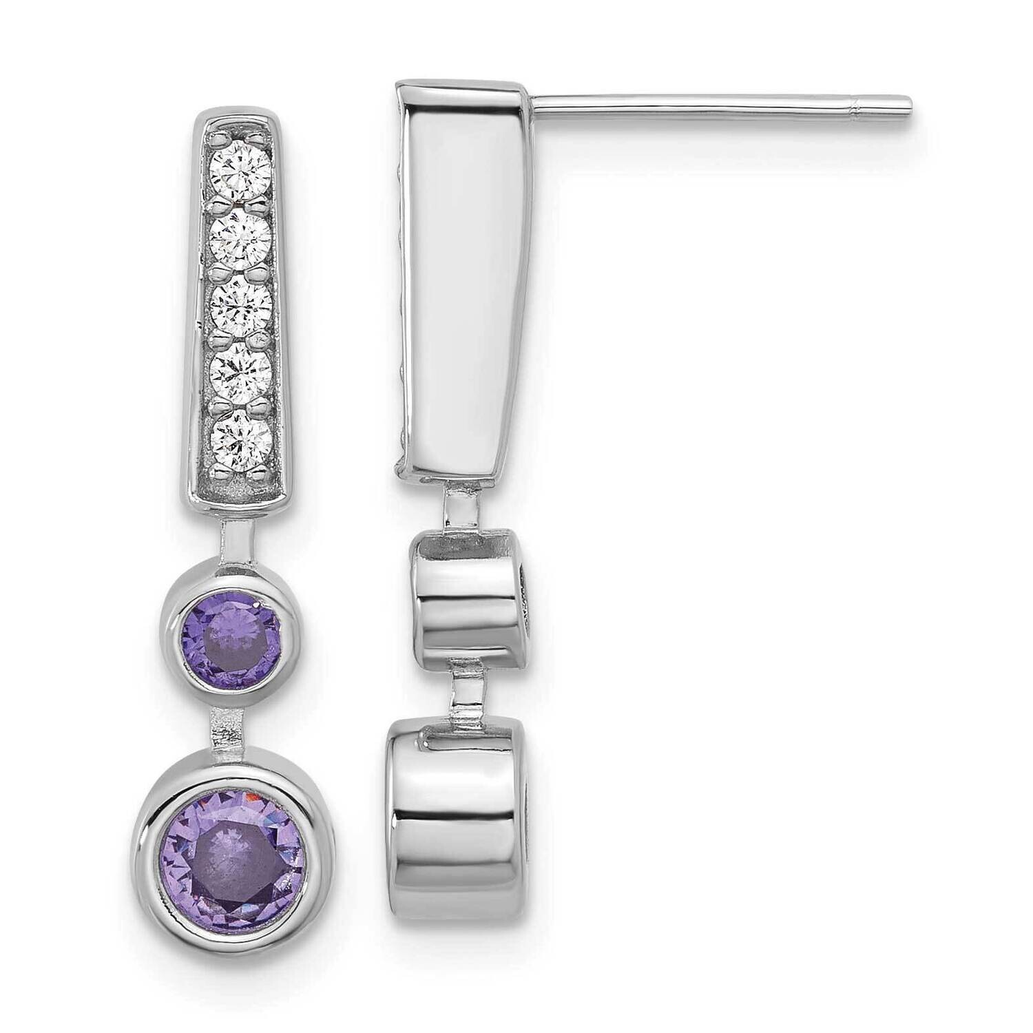 Rh-Plated Purple & Clear CZ Post Dangle Earrings Sterling Silver QE17146