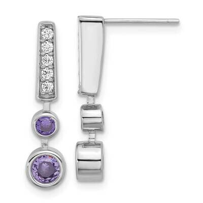 Rh-Plated Purple &amp; Clear CZ Post Dangle Earrings Sterling Silver QE17146, MPN: QE17146,