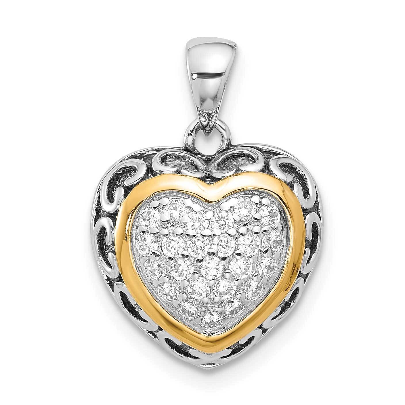 Sterling Silver Accent Rh-Plated CZ Cluster Oxidized Heart Pendant 14k Gold QC11278, MPN: QC11278,