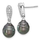 Black Tahitian Pearl CZ Dangle Earrings Sterling Silver Rhodium-Plated QE16713, MPN: QE16713,