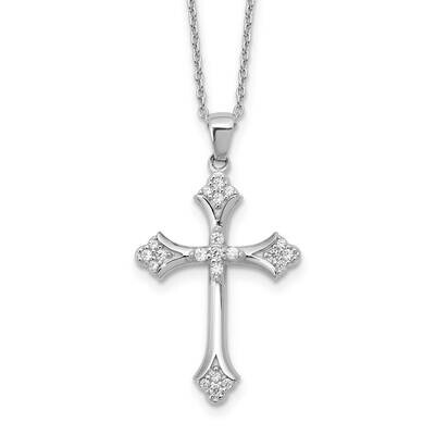 Cheryl M Brilliant-Cut CZ Cross 18 Inch Necklace 2 Inch Extender Sterling Silver Rhodium-Plated QCM…