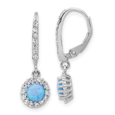 Rh-Plated CZ &amp; Blue Cr. Opal Halo Dangle Leverback Earrings Sterling Silver QE17450, MPN: QE17450,
