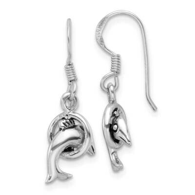 Antiqued Dolphin Shepherd Hook Earrings Sterling Silver Rhodium-Plated QE17562, MPN: QE17562,