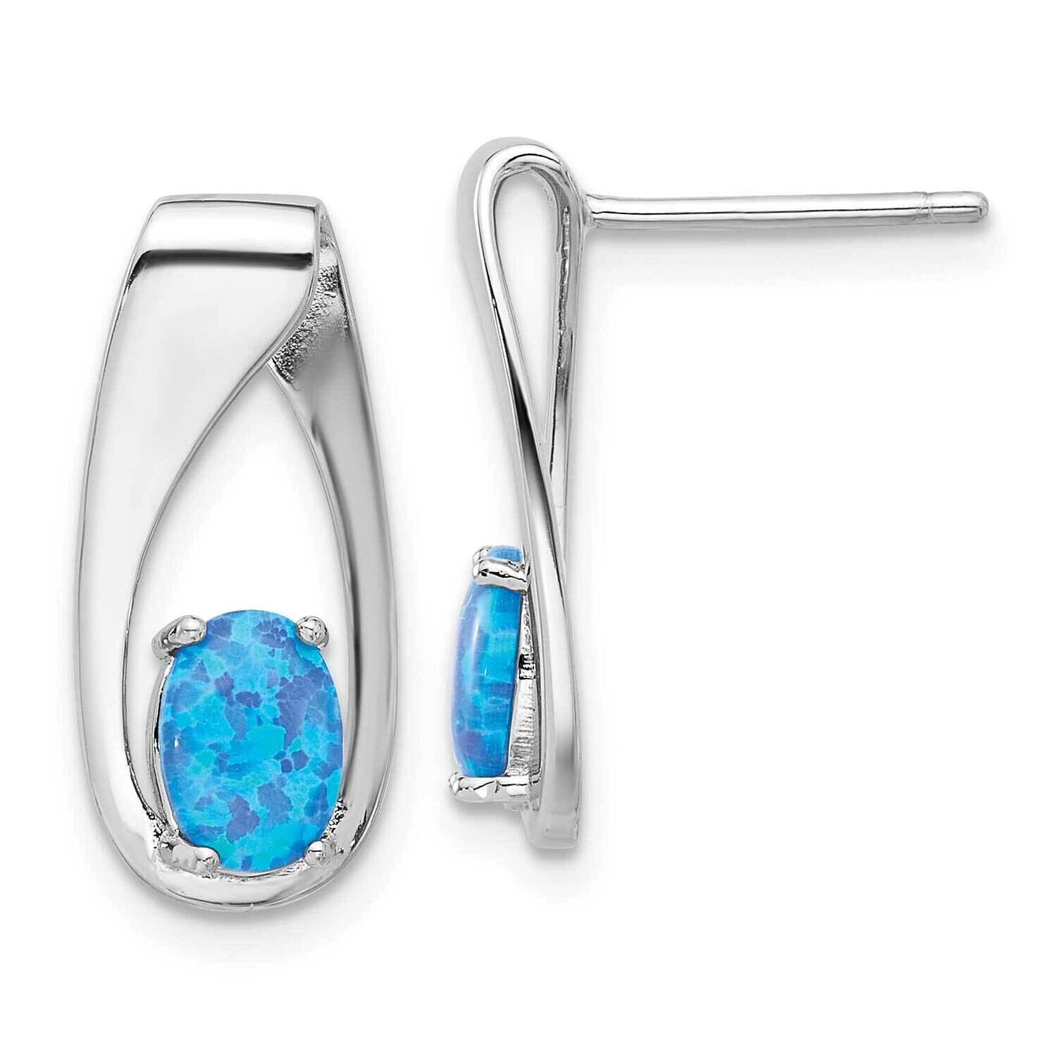 Rhod-Plated Polished Blue Created Opal Oval Post Earrings Sterling Silver QE17446