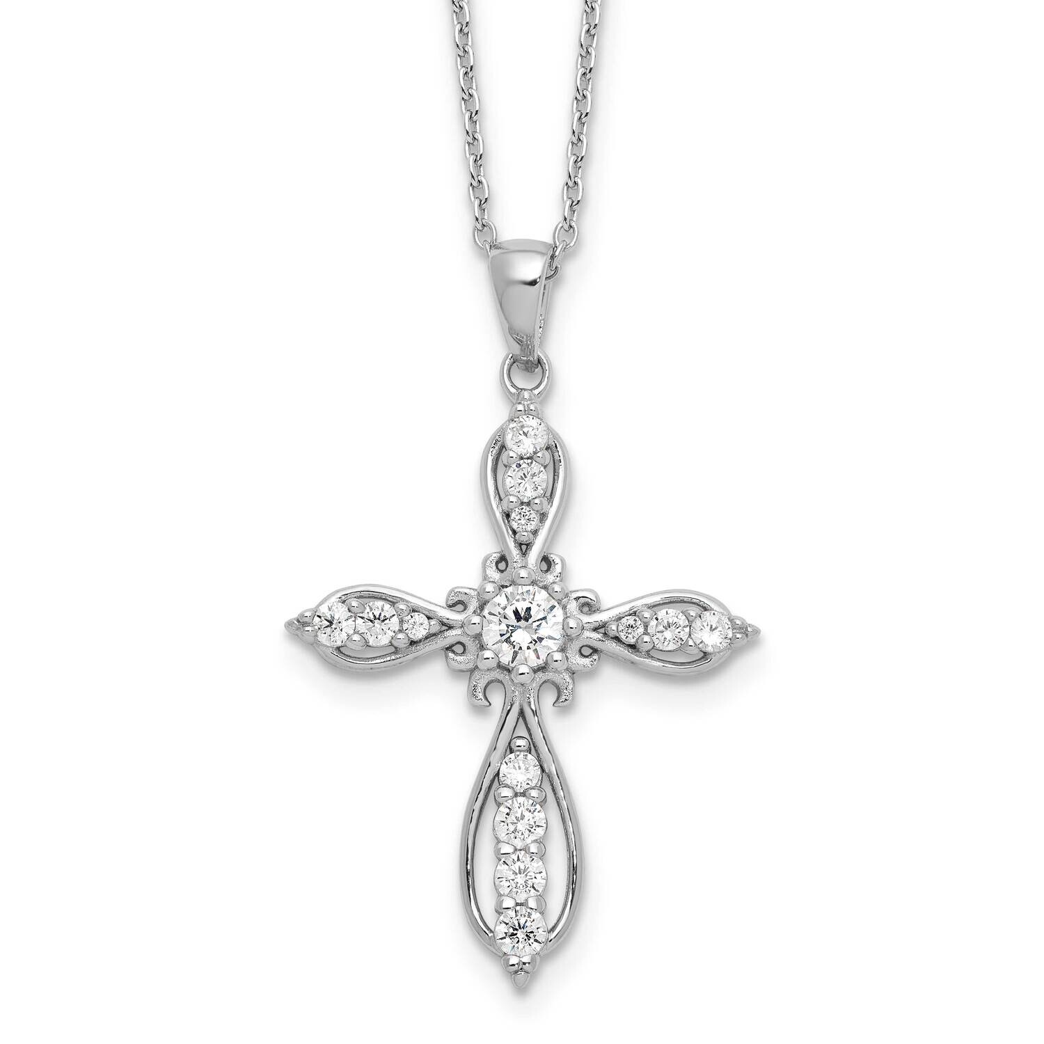 Cheryl M Brilliant-Cut CZ Cross 18 Inch Necklace 2 Inch Extender Sterling Silver Rhodium-Plated QCM…