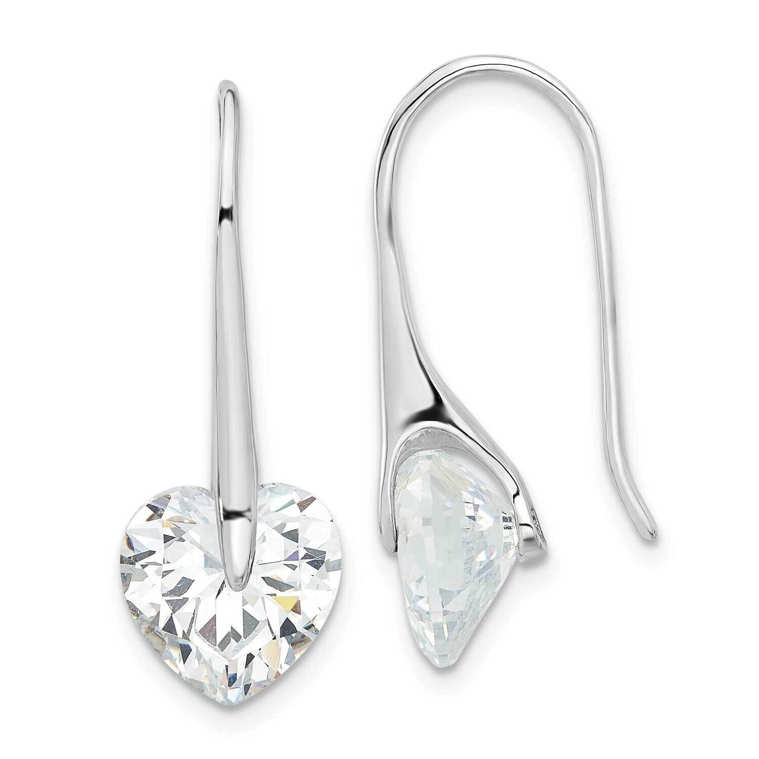 Rhod-Plated Polished Heart CZ Threader Hook Earrings Sterling Silver QE17139
