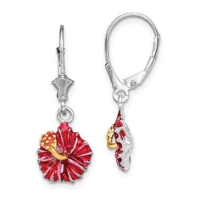 Enameled Red Hibiscus Leverback Earrings Sterling Silver Polished QE15533, MPN: QE15533, 6372181854…