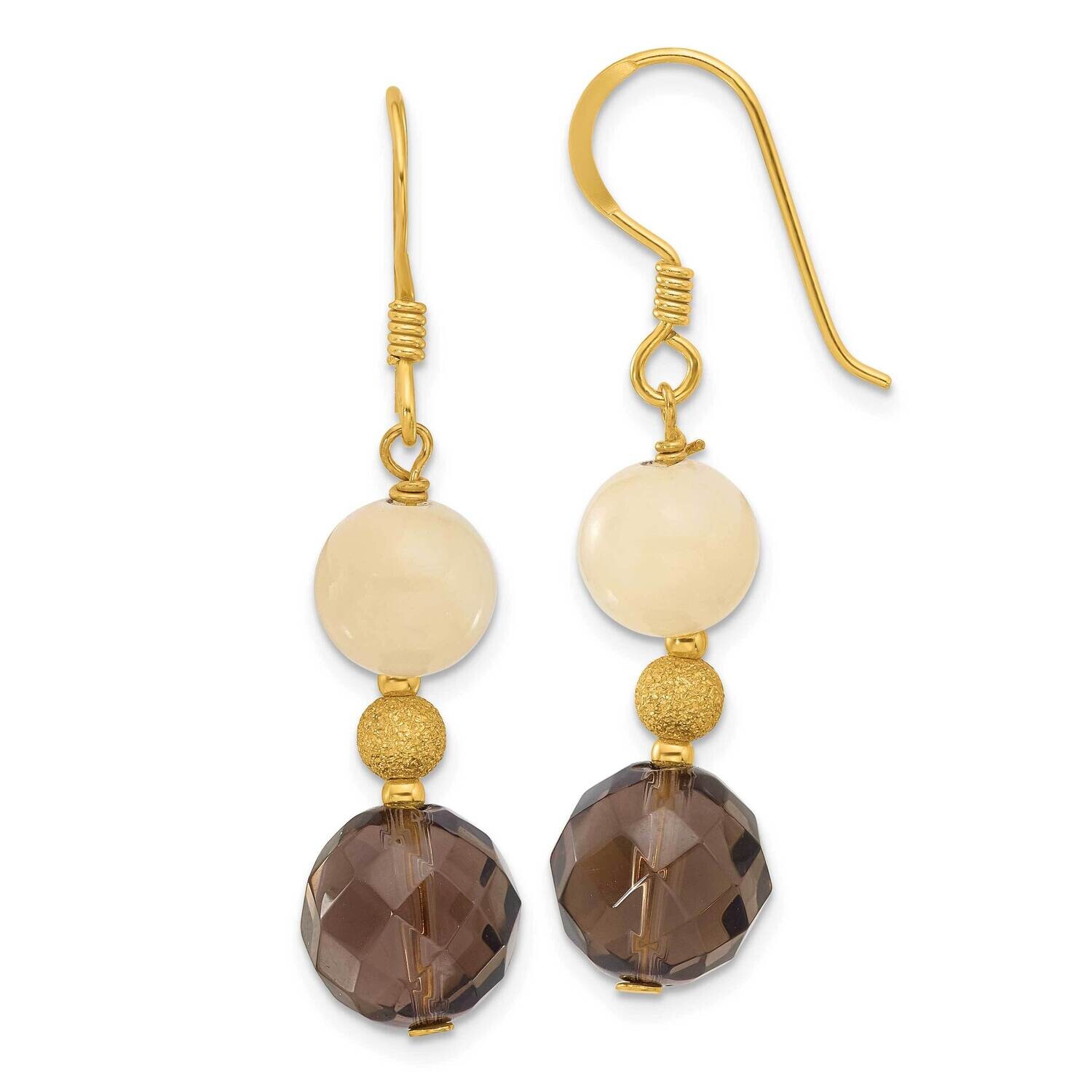 Gold-Plated Polished &amp; Laser-Cut Yellow Jade &amp; Smoky Quartz Beaded Dangle Earrings Sterling Silver …