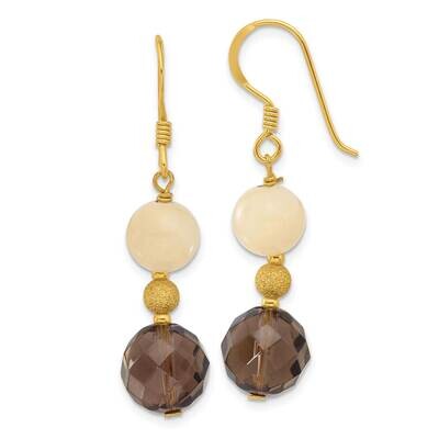 Gold-Plated Polished &amp; Laser-Cut Yellow Jade &amp; Smoky Quartz Beaded Dangle Earrings Sterling Silver …