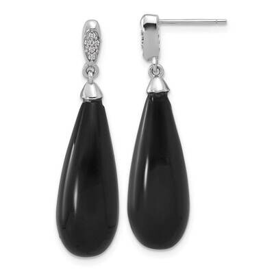 Rh-Plated Polished CZ &amp; Onyx Teardrop Post Dangle Earrings Sterling Silver QE17414, MPN: QE17414,