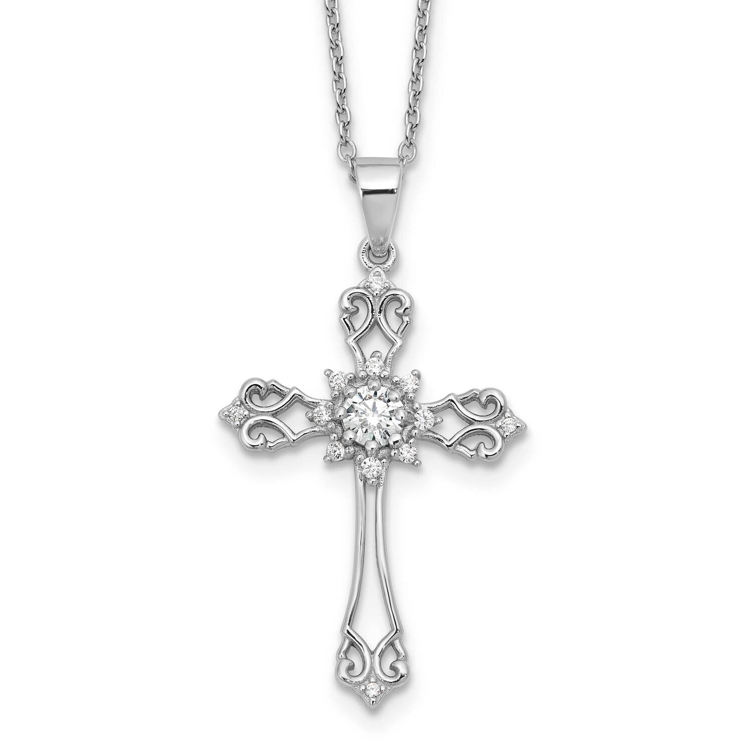 Cheryl M Brilliant-Cut CZ Cross 18 Inch Necklace 2 Inch Extender Sterling Silver Rhodium-Plated QCM…