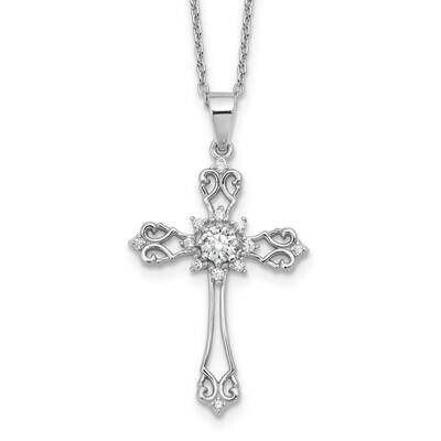 Cheryl M Brilliant-Cut CZ Cross 18 Inch Necklace 2 Inch Extender Sterling Silver Rhodium-Plated QCM…