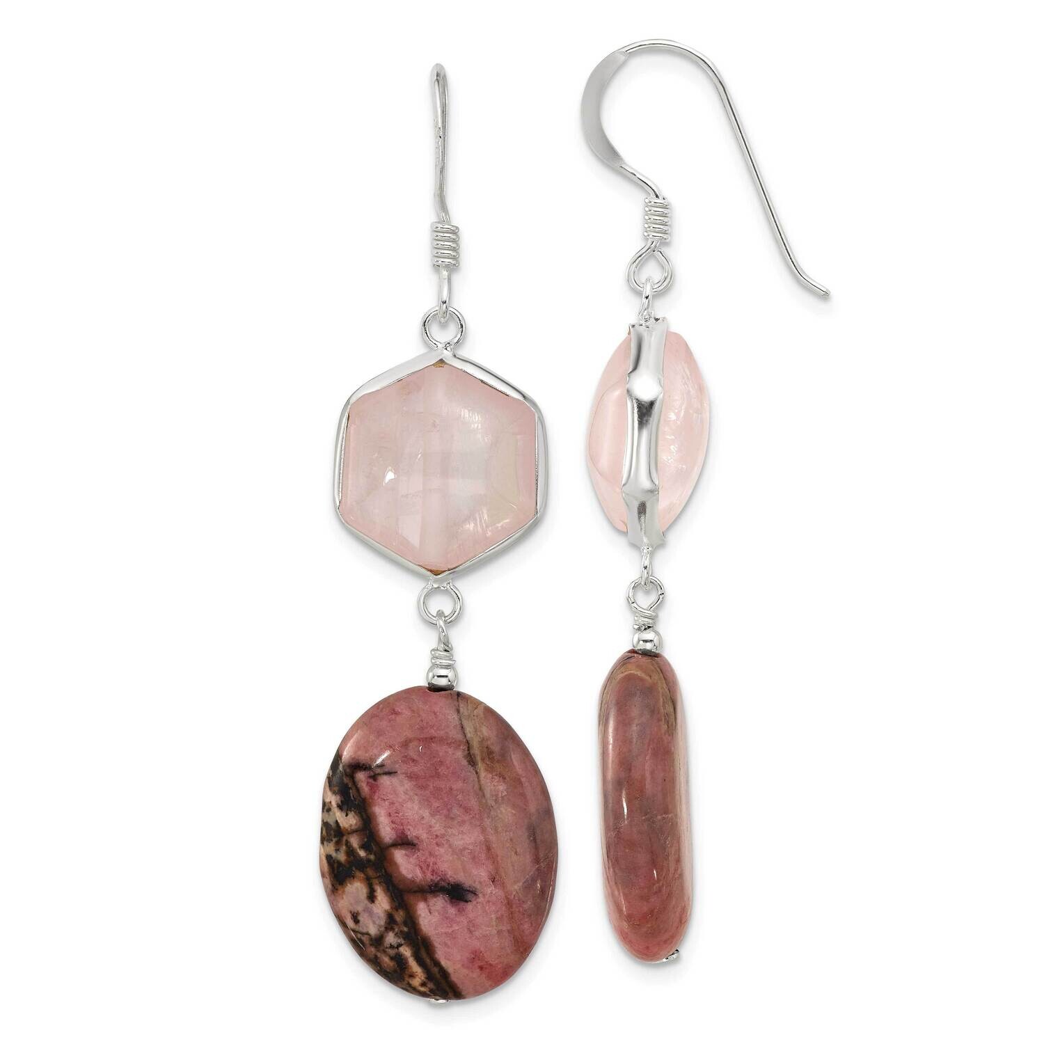 Rose Quartz Oval Rhodonite Dangle Earrings Sterling Silver Polished QE17311, MPN: QE17311,