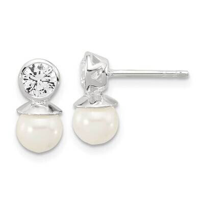 CZ 6-6.5mm Glass Pearl Post Earrings Sterling Silver Polished QE17267, MPN: QE17267,