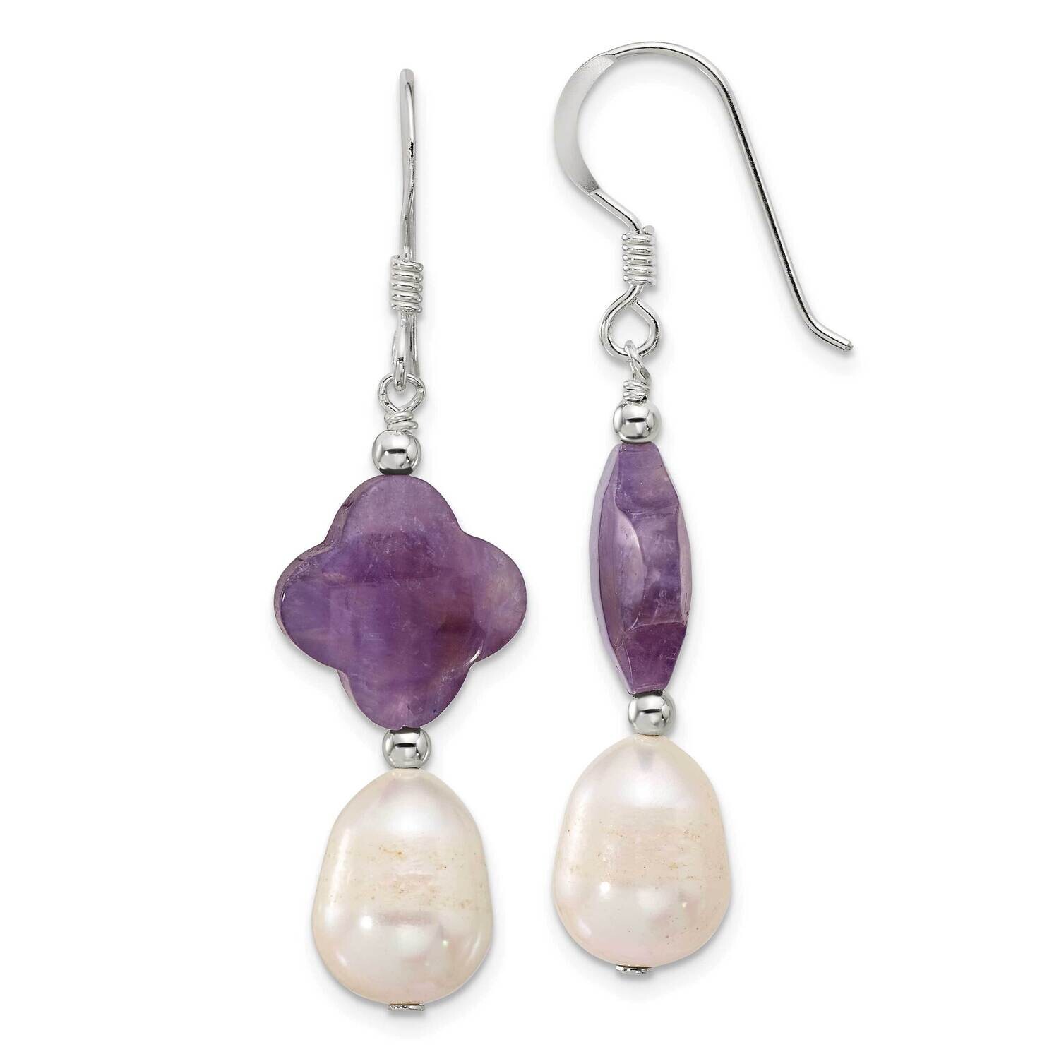 Amethyst Clover Fwc Pearl Dangle Earrings Sterling Silver Polished QE17303