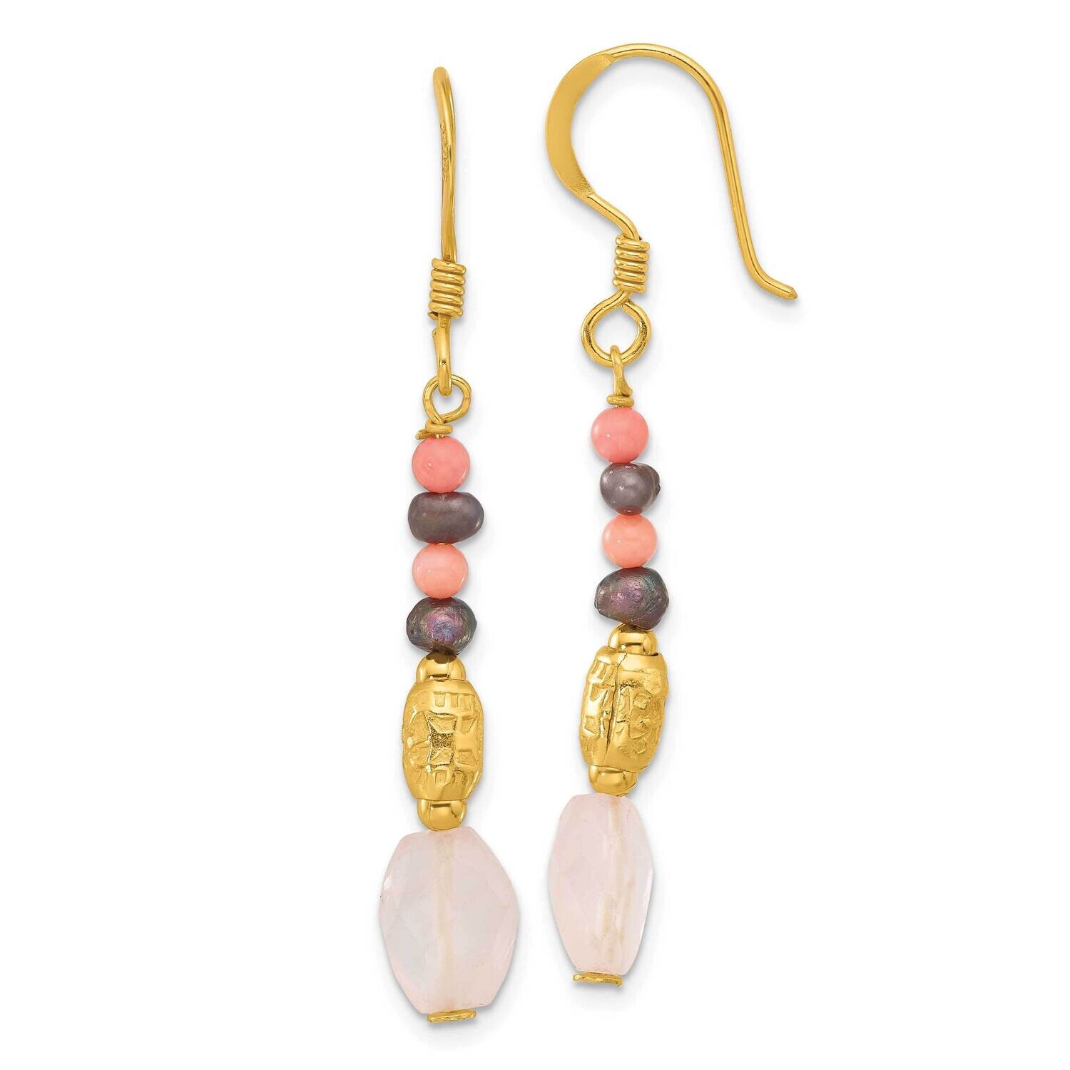 Gold-Plated Black Fwc Pearl Coral Quartz Dangle Earrings Sterling Silver QE17323