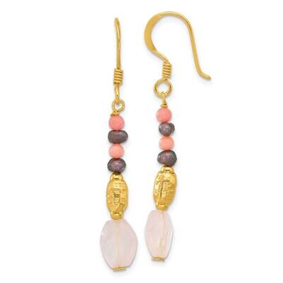 Gold-Plated Black Fwc Pearl Coral Quartz Dangle Earrings Sterling Silver QE17323, MPN: QE17323,