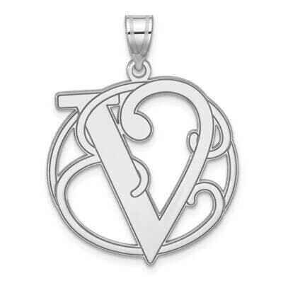 Large Fancy Script Letter V Initial Pendant Sterling Silver Rhodium-Plated QC11258V, MPN: QC11258V,