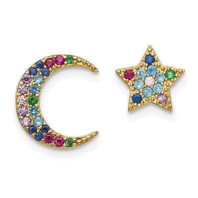 Prizma Flash Gold-Plated Moon Star Colorful CZ Post Earrings Sterling Silver Gold-Tone 14k QE14449G…