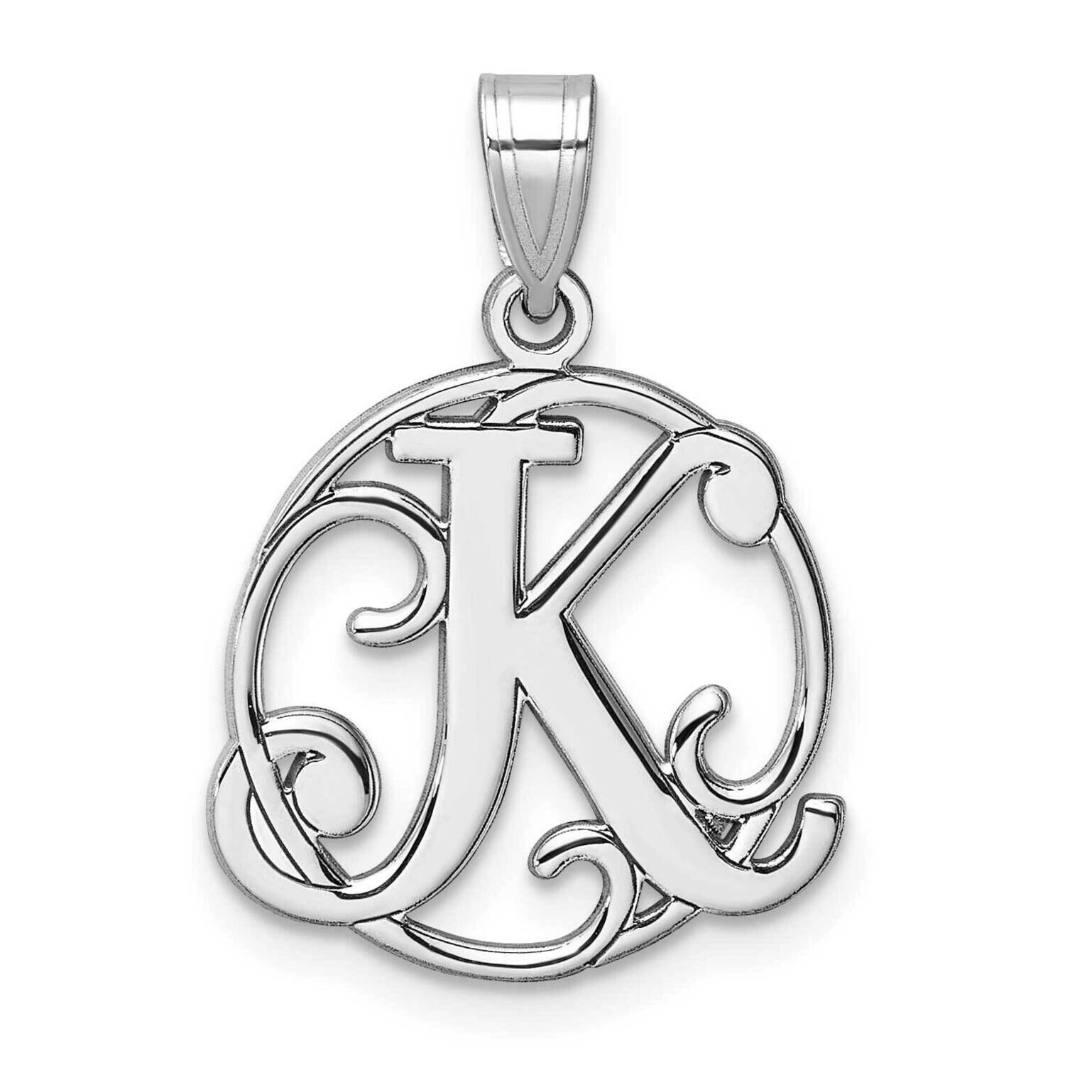 Small Fancy Script Letter K Initial Pendant Sterling Silver Rhodium-Plated QC11257K