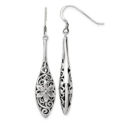 Antiqued Floral Teardrop Shepherd Hook Earrings Sterling Silver Polished QE17059, MPN: QE17059,