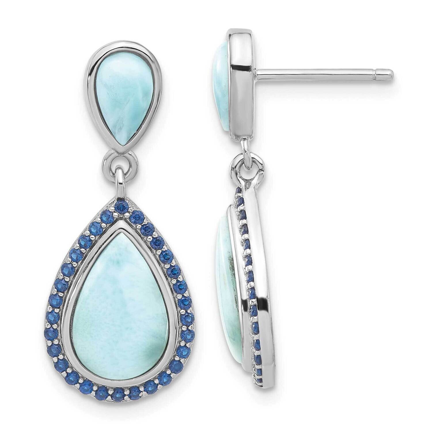 Rh-Plated Blue CZ &amp; Larimar Teardrop Post Dangle Earrings Sterling Silver QE17421, MPN: QE17421,